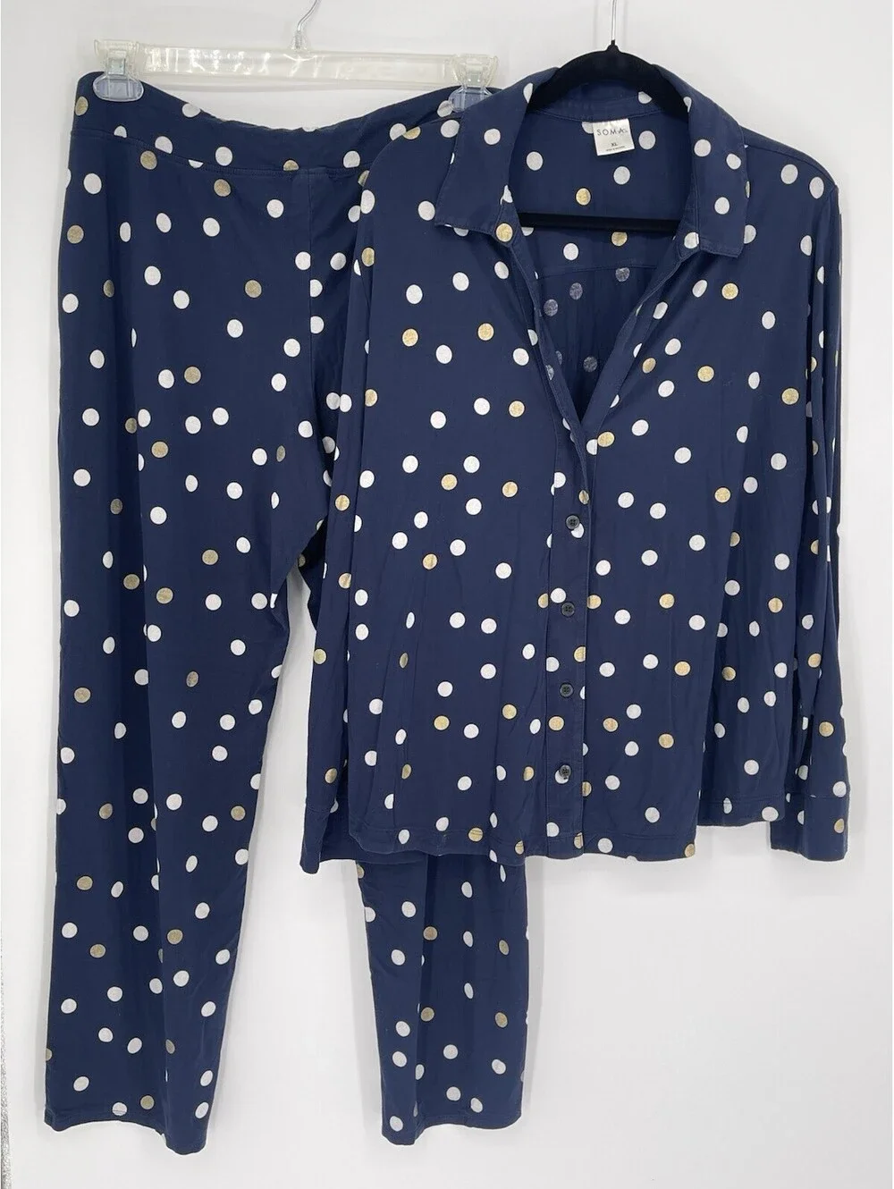 Soma Polkadot Long Sleeve PJ Pajama Shirt Top XL & Sleep Pants L Navy Blue Gold